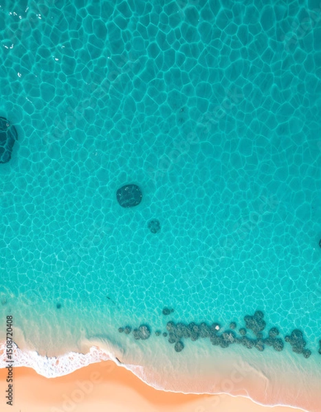 Fototapeta Bird's-eye perspective of shimmering turquoise waves along the sandy shoreline, pop art. with white shades