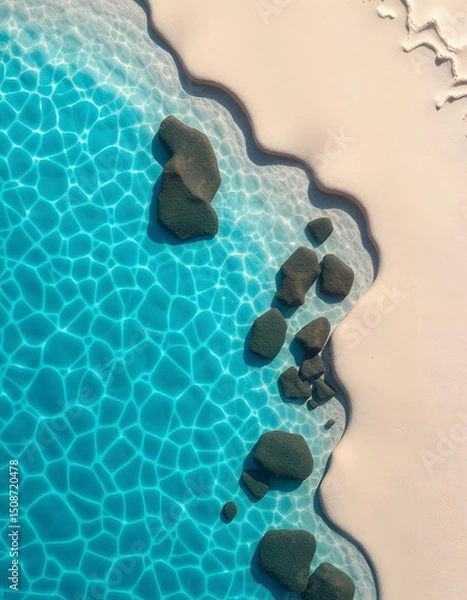 Fototapeta Bird's-eye perspective of pristine turquoise waves lapping against the golden sandy shore, papercraft. with white shades