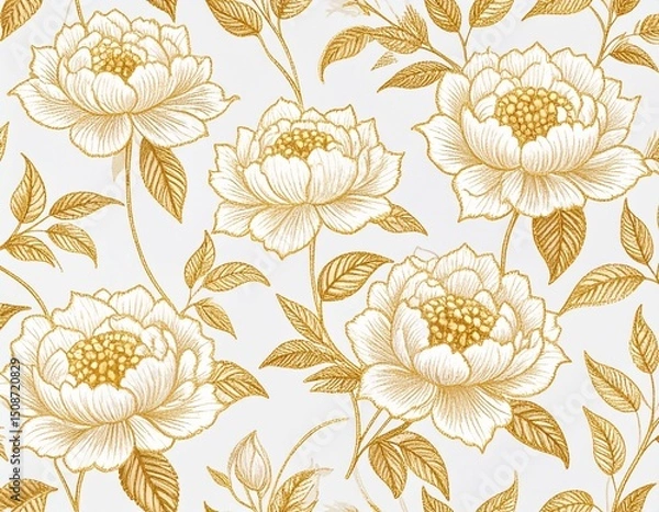 Obraz Elegant floral fabric pattern featuring intricately embroidered peony blossoms with golden threads on a luxurious pearl white background. Perfect for textile design, fashion prints, packaging, and dec