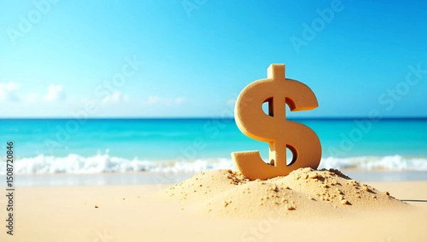 Obraz Sandy Dollar Sign on Serene Beach with Turquoise Ocean and Clear Blue Sky – High-Resolution Symbolic Nature Scene