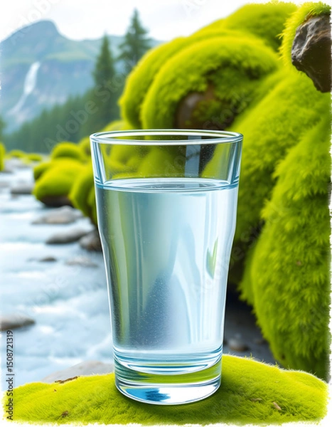 Fototapeta Crystal-clear water in a pristine glass surrounded by lush green moss with a rushing mountain river in the distance. Pure, refreshing nourishment from nature's untouched sources., crayon drawing. wi