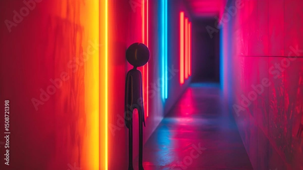 Obraz Silhouette Figure in a Neon Lit Corridor