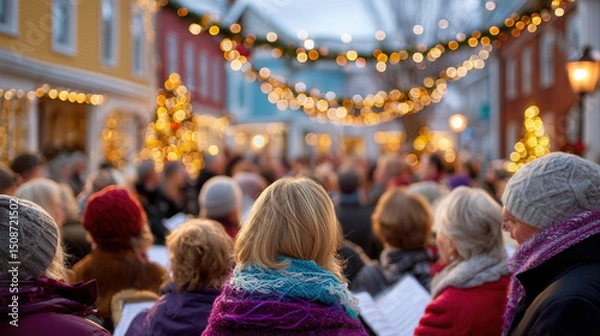 Fototapeta People gathered outdoors for festive event with colorful buildings, string lights, and decorated trees, creating joyful