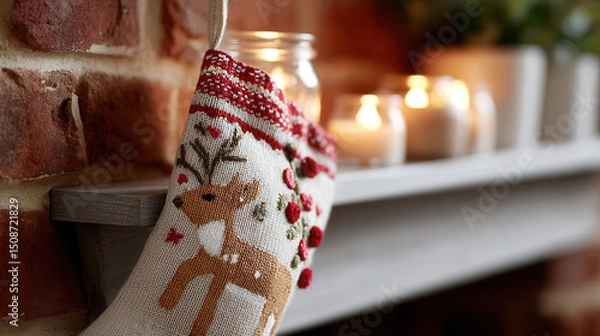 Fototapeta Festive Christmas stocking hanging fireplace mantel decorated with candles and warm lighting, creating cozy holiday atmosphere