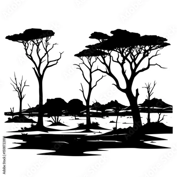 Obraz Flat desert with cracked ground and dead trees