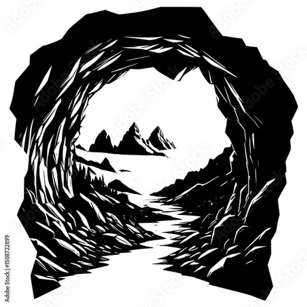 Obraz Cave entrance with view of mountains from inside