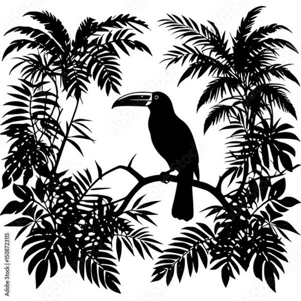 Obraz Rainforest with vines, dense foliage and toucan silhouette