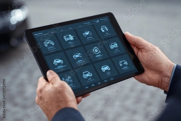 Fototapeta Technician using tablet to monitor vehicle diagnostics at repair shop