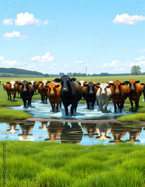 Fototapeta A massive gathering of grazing cows leisurely wading through a refreshing shallow pond on a lush, expansive ranch under a bright azure sky., comic art. with white shades