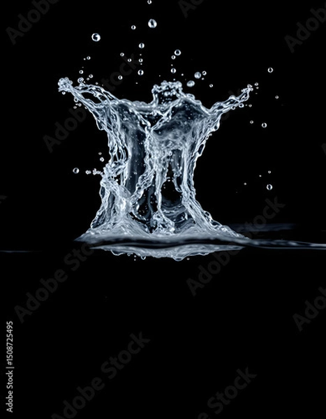 Fototapeta A shimmering water droplet splashes gracefully against a deep black backdrop, embodying the crisp, invigorating essence of pure, refreshing hydration., vintage. with white shades