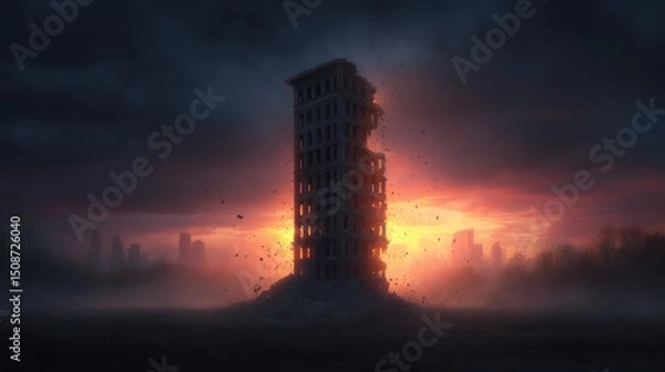 Fototapeta Crumbling City Ruins with Twisted Metal Structures and a Dramatic Sunset Over a Dystopian Landscape