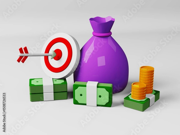 Fototapeta 3d rendering illustration of money bag with coins stack target arrow bundle dollar pack. 