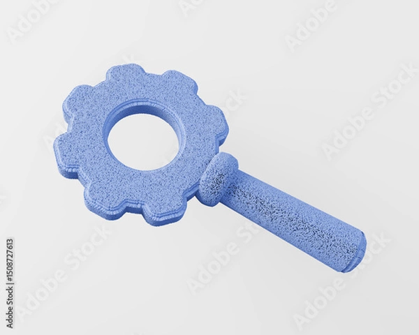 Fototapeta 3d render of Fluffy plush magnifier glass with industrial cog wheel circle on white background