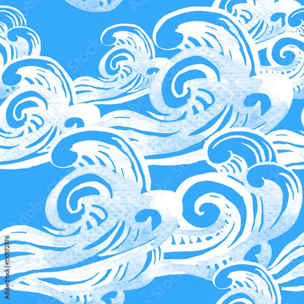 Fototapeta Endless watercolor background, seamless pattern with swirls and waves of the sea.