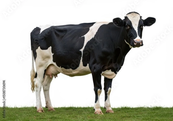 Fototapeta Holstein cow standing on green grass isolated against a white background