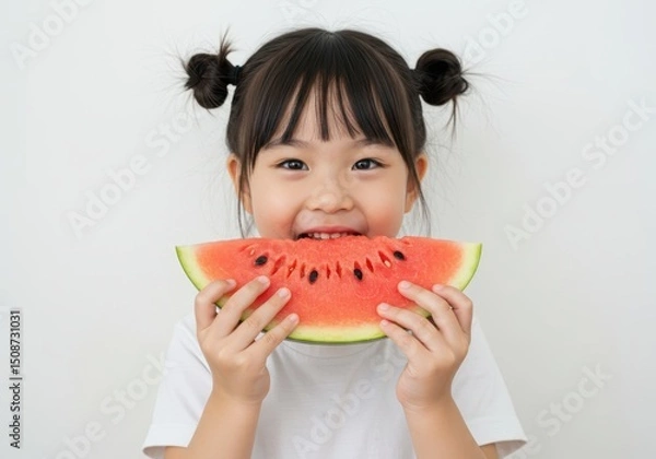 Fototapeta Happy little girl eating a slice of watermelon against a white background
