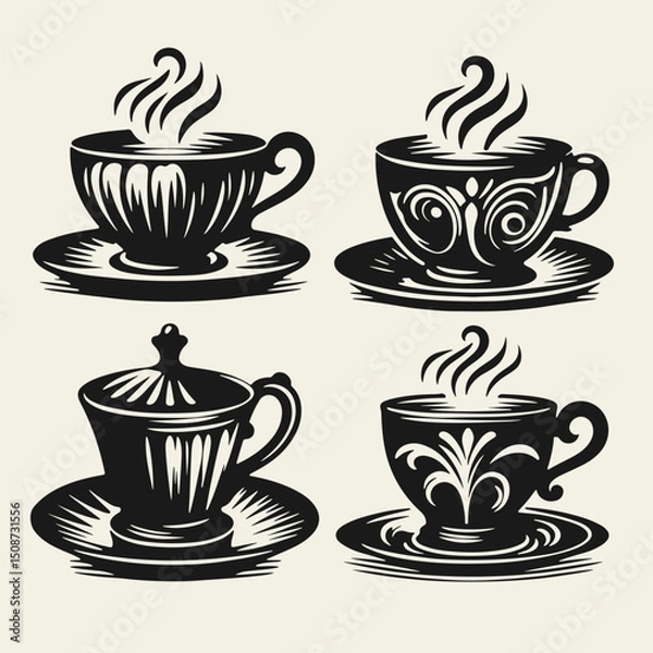 Fototapeta Collection of elegant vintage-style black and white tea cups. Hand-drawn in linocut technique with bold outlines and classic shapes, perfect for retro designs and tea-themed projects.