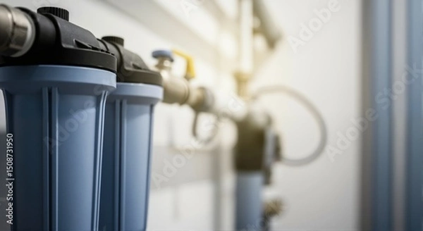 Fototapeta Water filter system with blue cartridges on pipes. Plumbing installation for clean drinking water supply. Home and commercial application.
