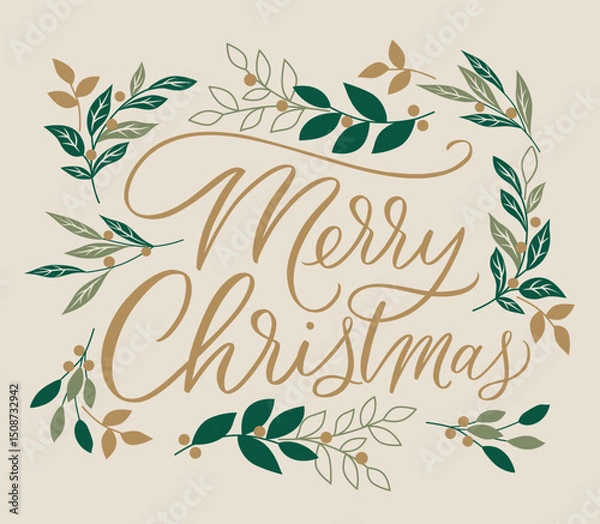 Obraz Merry Christmas With Leaves Pattern For Greetings Card And Poster