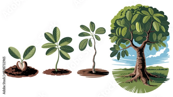 Fototapeta A series of four stages depicts the growth of a plant, from a small seedling breaking through the soil to a fully mature tree with a lush canopy.