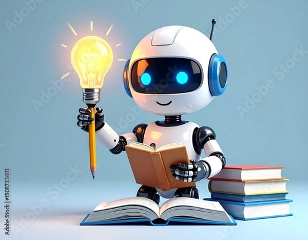 Fototapeta A cute robot sits reading a book, holding a pencil-like lightbulb