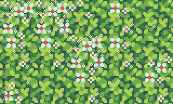 Fototapeta Meadow sunny pixel art backdrop. Grass, leaves and flowers seamless pattern background texture 8 bit platform tiles. Game development, mobile app template. Texture grid vector illustration.
