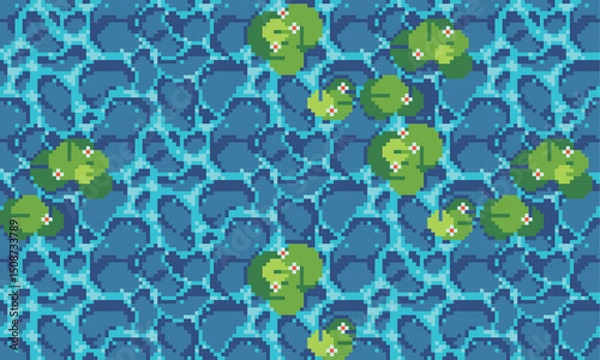 Fototapeta Water waves pixel art backdrop, background.  Sea or ocean surface  seamless pattern textures 8 bit platform tiles. Game development, mobile app template. Texture grid vector illustration. 