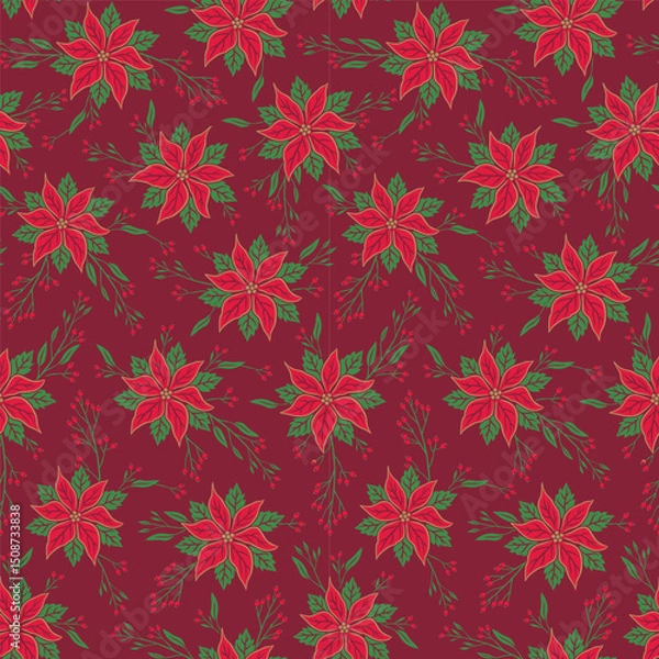 Obraz Seamless Christmas Poinsettia On Burgundy Background For Gift Wrap Paper And Fabric Print