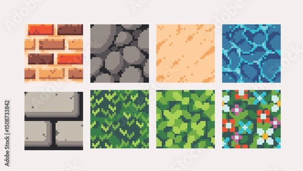 Fototapeta Platformer pixel art square blocks. Ground tiles seamless pattern textures 8 bit platform tiles. Game development, mobile app template. Texture grid vector illustration.