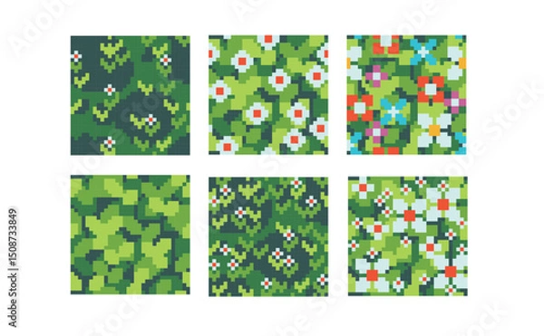 Fototapeta  Grass, leaves and flowers pixel art square blocks. Meadow, garden seamless pattern textures 8 bit platform tiles. Game development, mobile app template. Texture grid vector illustration.