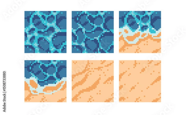 Fototapeta Water and sand pixel art square blocks. Sea or ocean beach  seamless pattern textures 8 bit platform tiles. Game development, mobile app template. Texture grid vector illustration. 