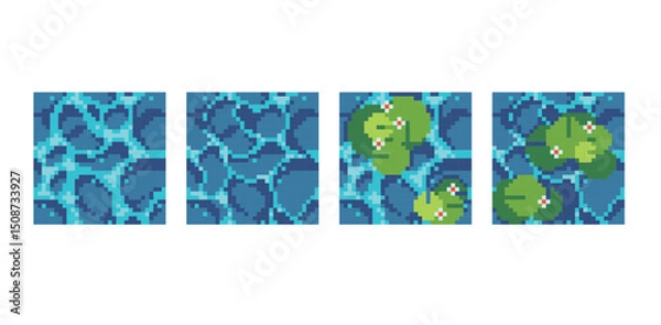 Fototapeta Water waves pixel art square blocks.  Sea or ocean surface  seamless pattern textures 8 bit platform tiles. Game development, mobile app template. Texture grid vector illustration.
