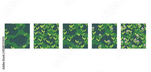 Fototapeta  Grass, leaves and flowers pixel art square blocks. Meadow, garden seamless pattern textures 8 bit platform tiles. Game development, mobile app template. Texture grid vector illustration.