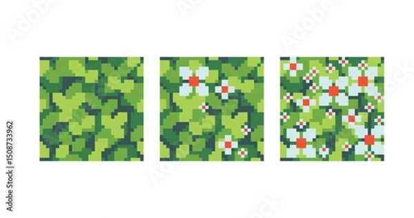 Fototapeta  Grass, leaves and flowers pixel art square blocks. Meadow, garden seamless pattern textures 8 bit platform tiles. Game development, mobile app template. Texture grid vector illustration.