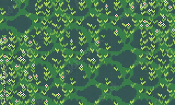 Fototapeta Meadow sunny pixel art backdrop. Grass, leaves and flowers seamless pattern background texture 8 bit platform tiles. Game development, mobile app template. Texture grid vector illustration.