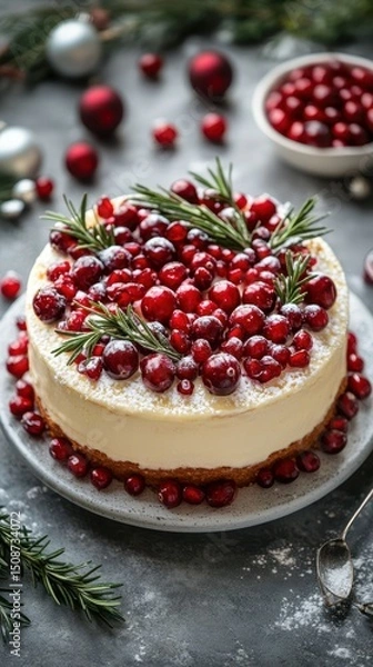 Fototapeta Festive dessert decorated with cranberries and rosemary on a rustic table setting during the holiday season