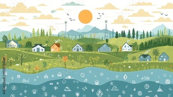 Fototapeta vector infographic showing sustainable lifestyle, recycling, renewable energy, tree planting, water saving, flat design, pastel color palette