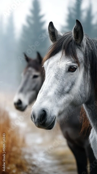 Fototapeta Horses standing in a foggy forest area during early morning hours, showcasing their calm demeanor and striking features