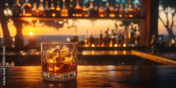 Fototapeta Enjoying a refreshing whiskey on the rocks at sunset by the beach bar