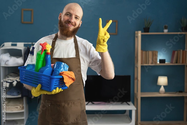 Obraz Bearded man janitor showing victory gesture looking at camera holding basket with cleaning supplies for household chores
