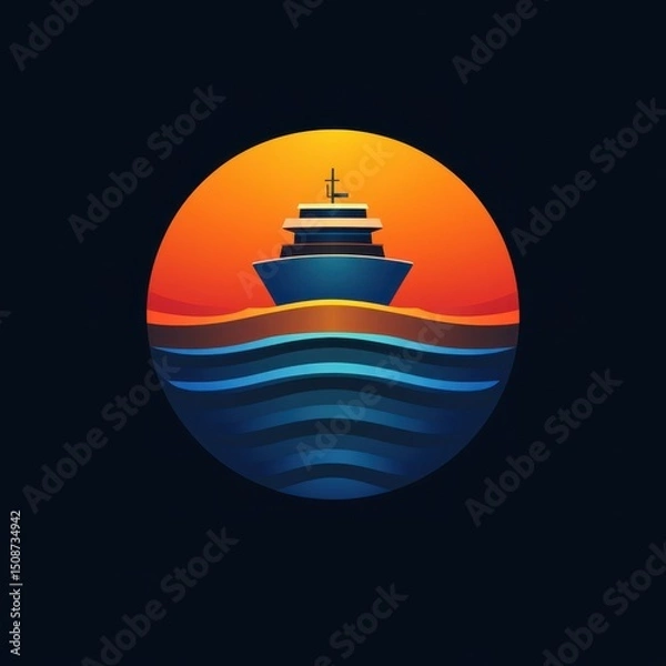 Fototapeta Sunset cruise experience with a ship sailing across calm waters in a warm colored sky