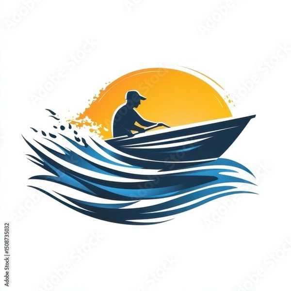 Fototapeta Rowing in the evening light creates a serene moment on the water with gentle waves and a vibrant sunset backdrop
