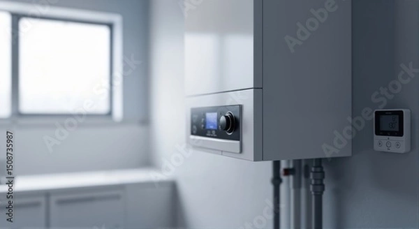 Fototapeta Modern gas boiler for heating and hot water installation. Heating system with digital display. House appliance concept for comfort indoor.