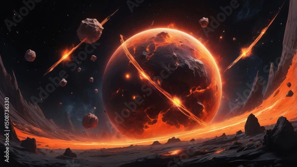 Fototapeta A dramatic scene of a fiery planet breaking apart amid a field of asteroids and glowing meteors in deep space, showcasing cosmic destruction and celestial chaos.