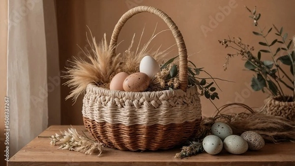 Fototapeta Boho Easter Basket with Earth-Toned Eggs and Dried Flowers on Macrame Runner

