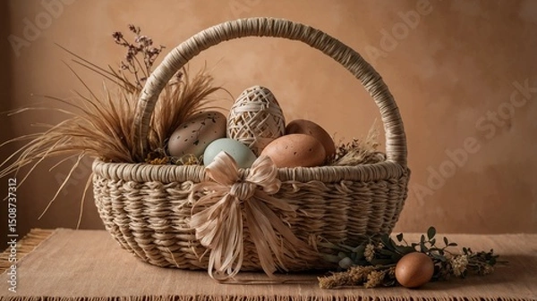 Fototapeta Boho Easter Basket with Earth-Toned Eggs and Dried Flowers on Macrame Runner

