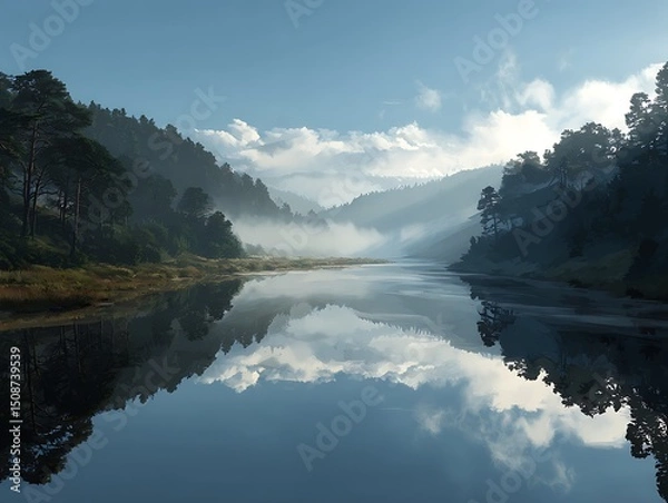 Obraz 아침 안개가 감도는 숲속 강가의 몽환적인 풍경 AI 생성