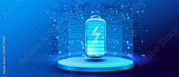 Fototapeta Battery charge icon on podium. Electric discharge lightning in neon design. Power light futuristic energy storage. Accumulator high voltage, long battery charge. Technology vector illustration.