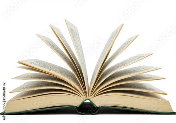 Fototapeta Open book with turning pages on a white background showing text and green cover