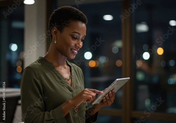 Fototapeta Smiling woman using a tablet device in front of a window at night